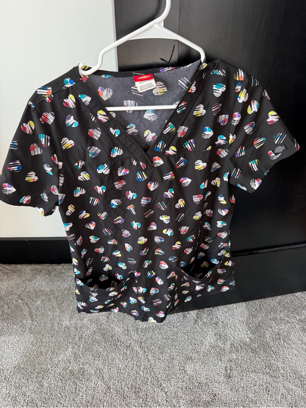 Dickies Women’s Black Scrub Top with Multicolor Heart Print